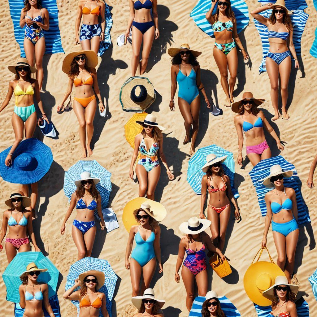 A stylish beach scene featuring a diverse group of fashionable individuals accessorizing their swimwear with oversized hats, sunglasses, and vibrant beach bags. The backdrop includes crystal-clear blue waves and golden sand under a bright sun. Colorful swim attire in different patterns and styles can be seen, showcasing the essence of summer fashion. The overall vibe is cheerful and fun, inviting the viewer to embrace beach life. vibrant colors. super-realistic. beach illustration.