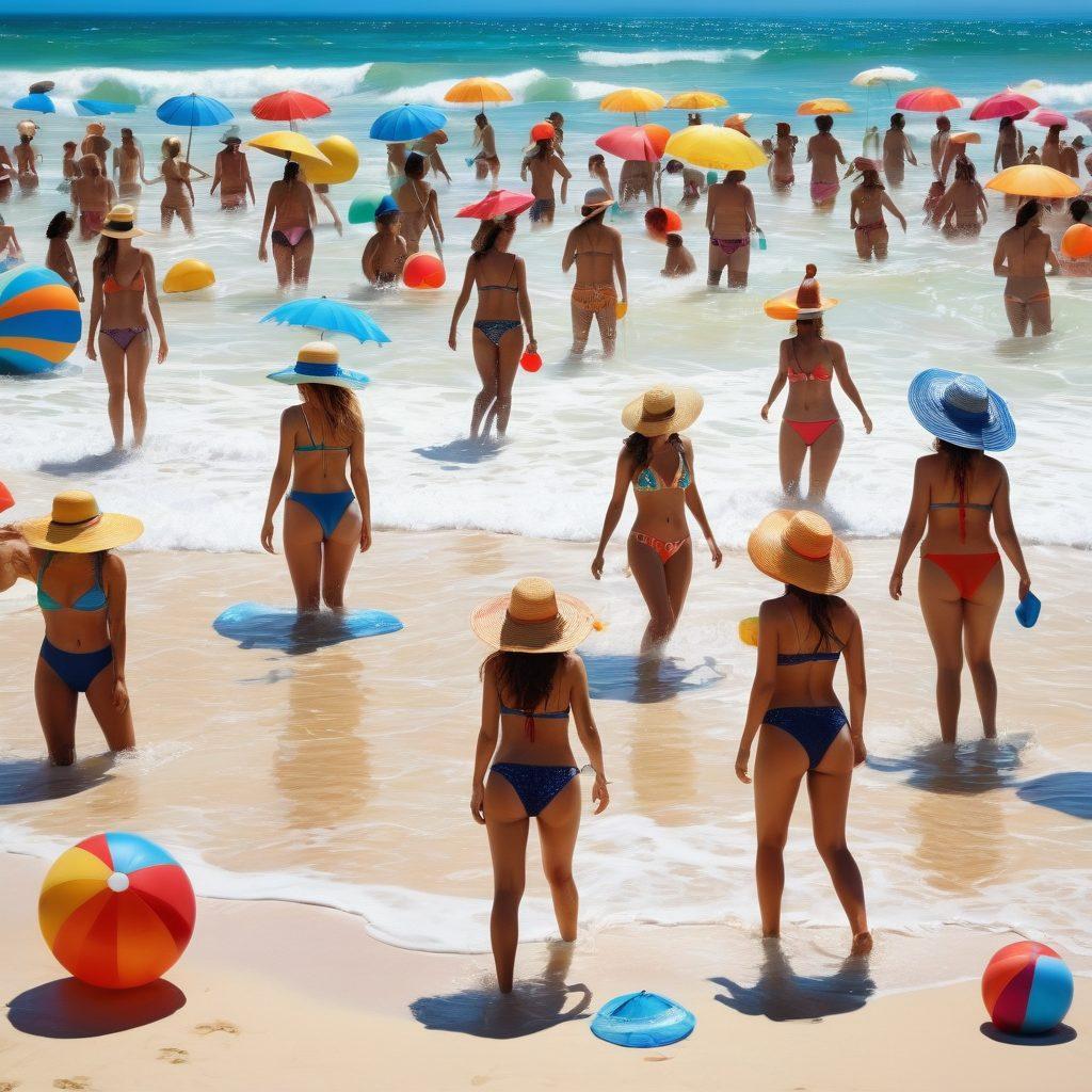 A vibrant beach scene showcasing a diverse group of fashionable individuals enjoying their summer adventures in trendy two-piece swimwear. Include colorful beach umbrellas, sun hats, and beach balls in the background, as well as splashes of water from playful waves. The atmosphere should be lively and energetic, capturing the essence of summer fun. Bright sunshine with a clear blue sky adds to the cheerful vibe. super-realistic. vibrant colors. 3D.